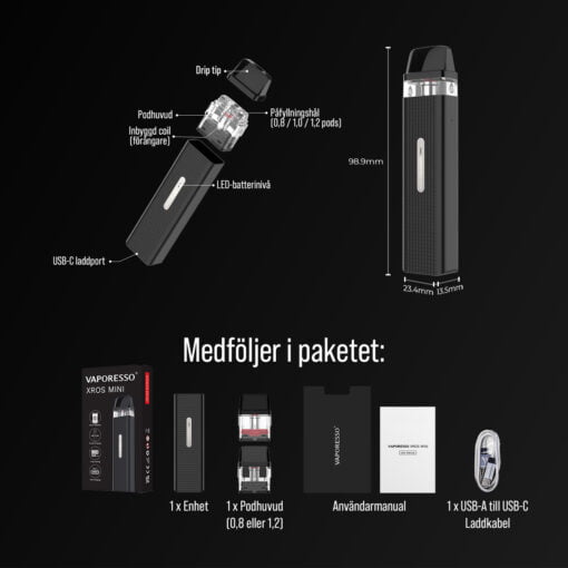 Vaporesso Xros Mini Pod E-cigarett Storlek & I paketet